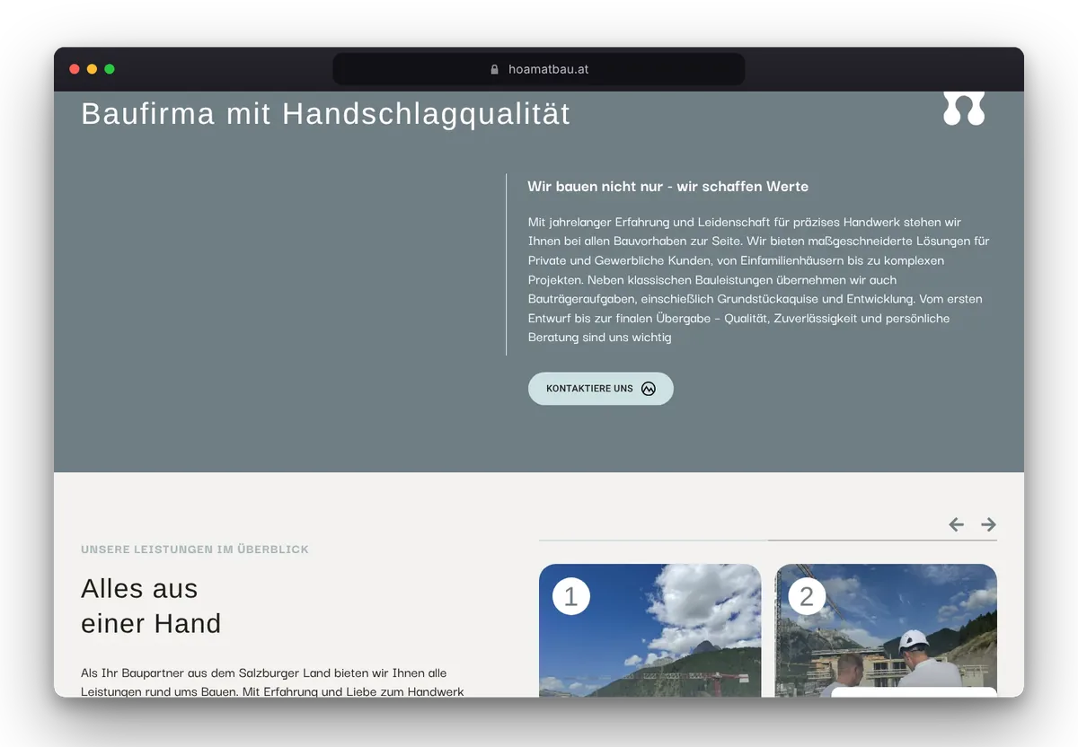 Website von Hoamatbau im Browser, Ansicht 2
