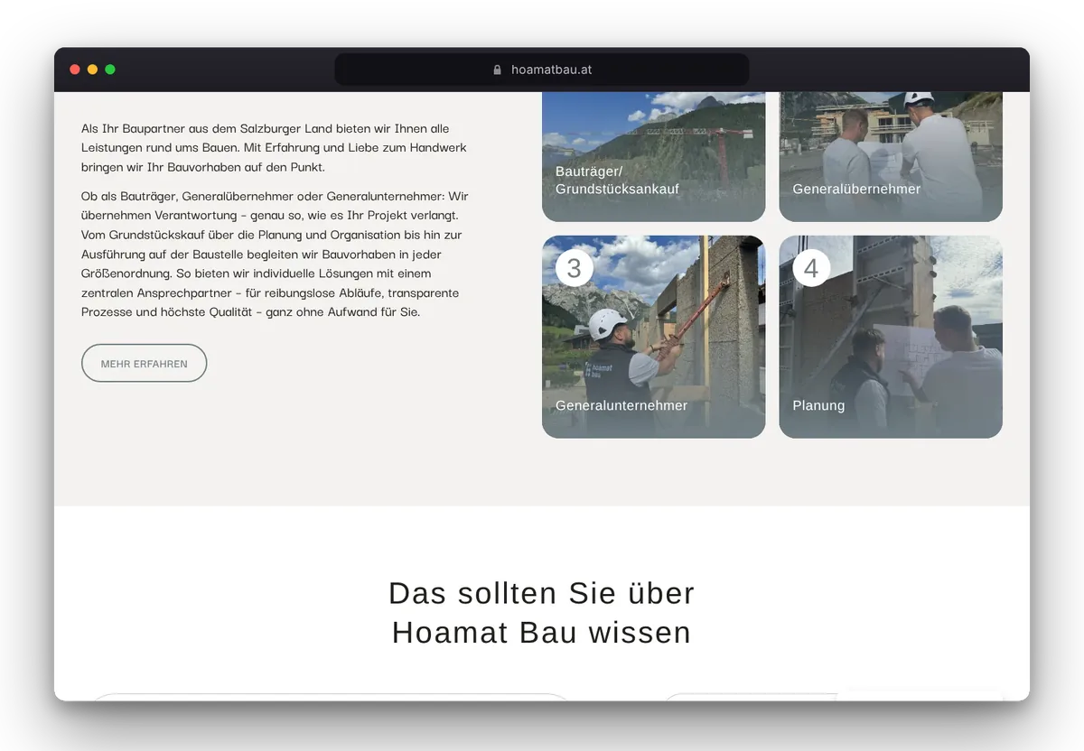 Website von Hoamatbau im Browser, Ansicht 3