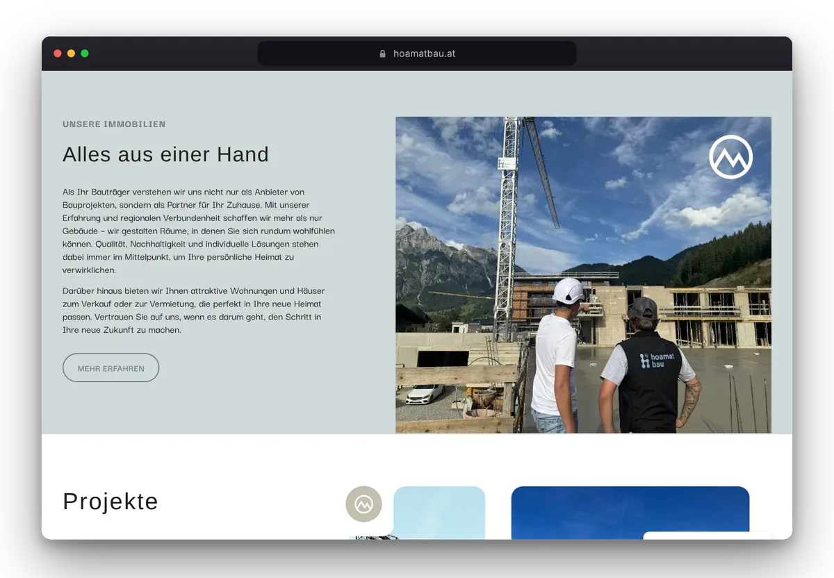Website von Hoamatbau im Browser, Ansicht 5