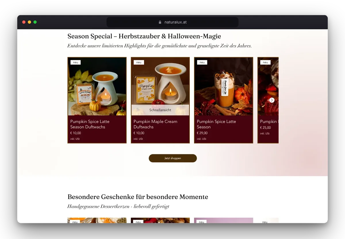 Website von Naturalux im Browser, Ansicht 2