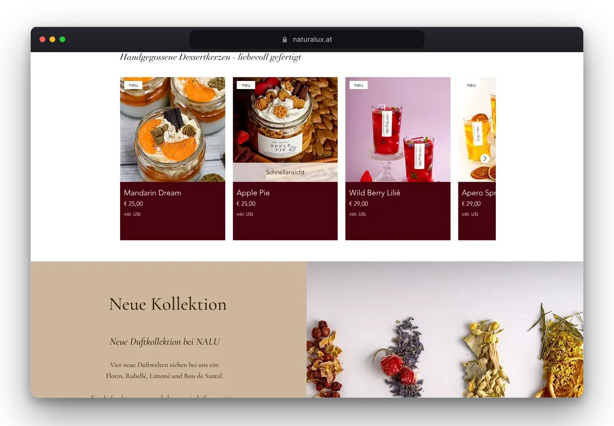 Website von Naturalux im Browser, Ansicht 3